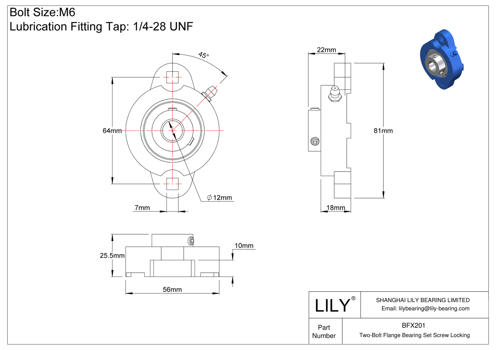 BFX201 Two-Bolt Flange Bearing Set Screw Locking cad drawing