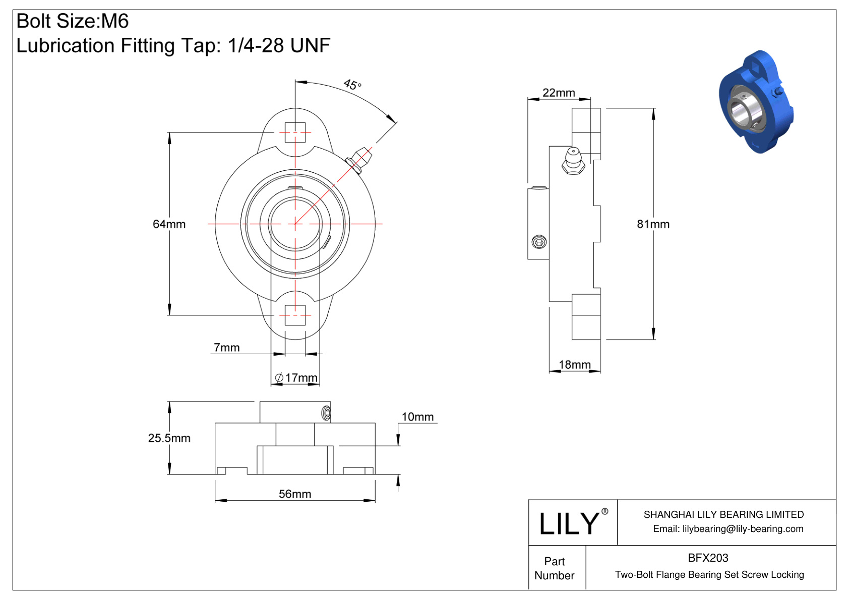 BFX203 Two-Bolt Flange Bearing Set Screw Locking cad drawing