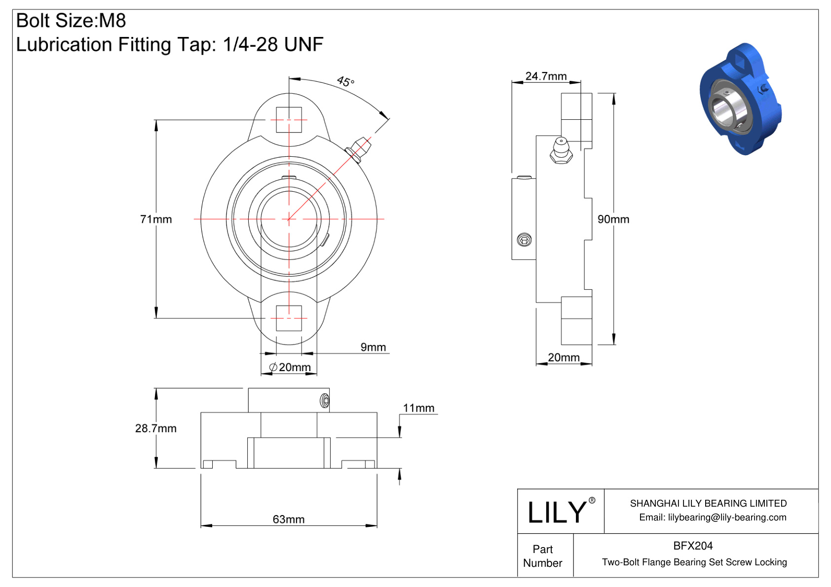 BFX204 Two-Bolt Flange Bearing Set Screw Locking cad drawing