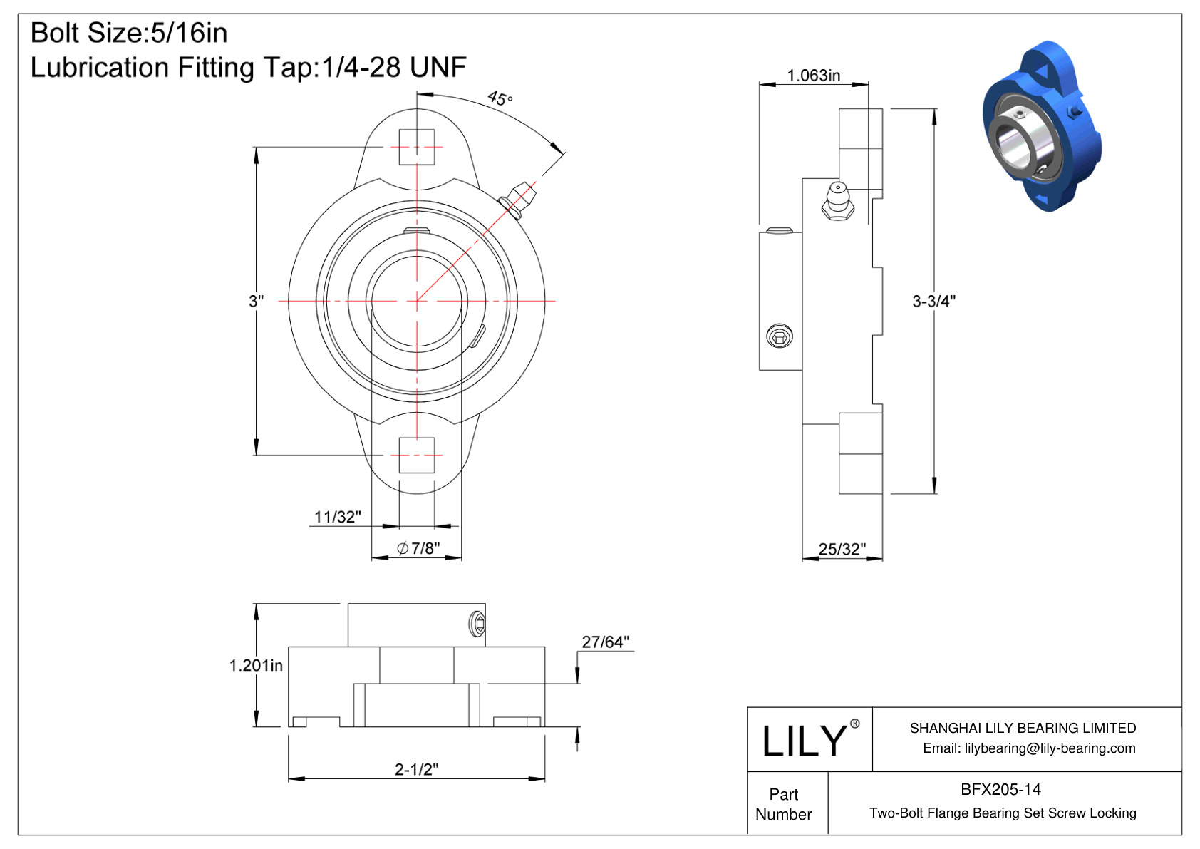 BFX205-14 Two-Bolt Flange Bearing Set Screw Locking cad drawing