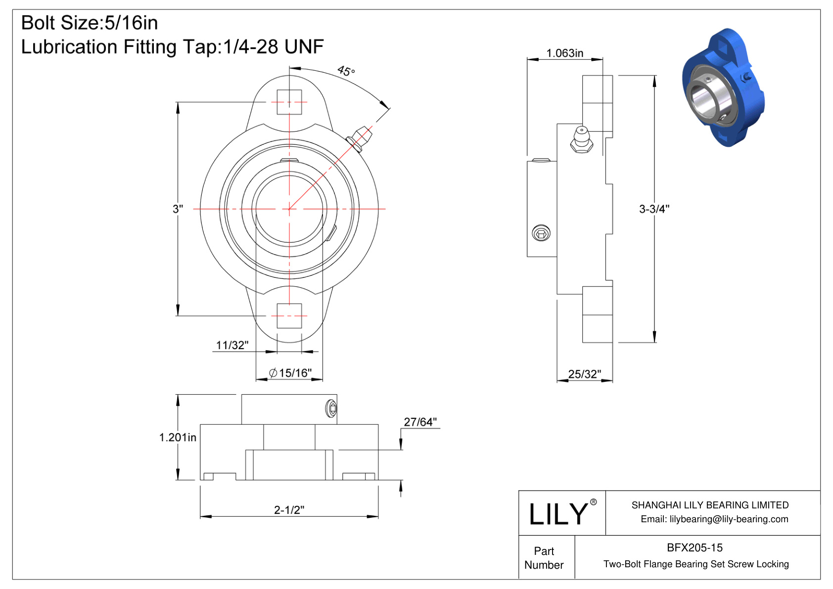 BFX205-15 Tornillo de fijación del cojinete de brida de dos pernos cad drawing