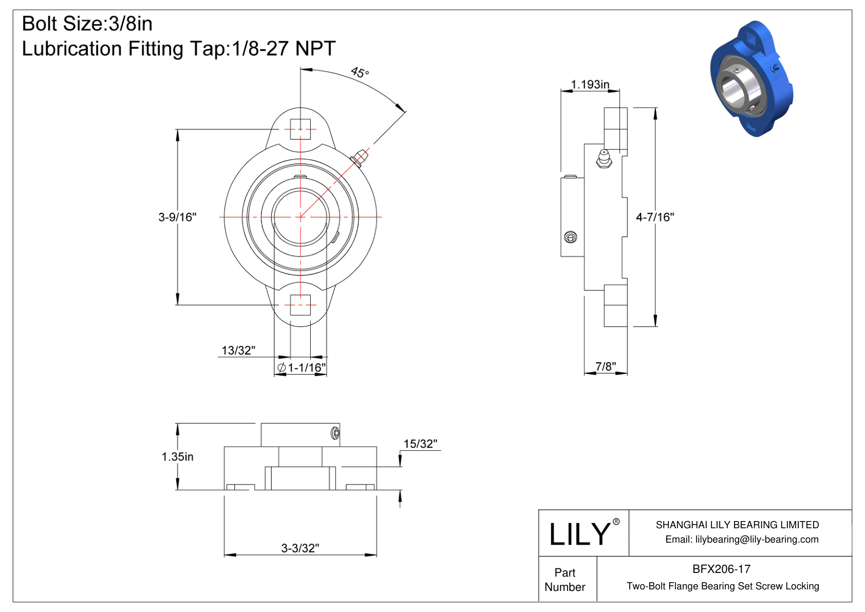 BFX206-17 Tornillo de fijación del cojinete de brida de dos pernos cad drawing