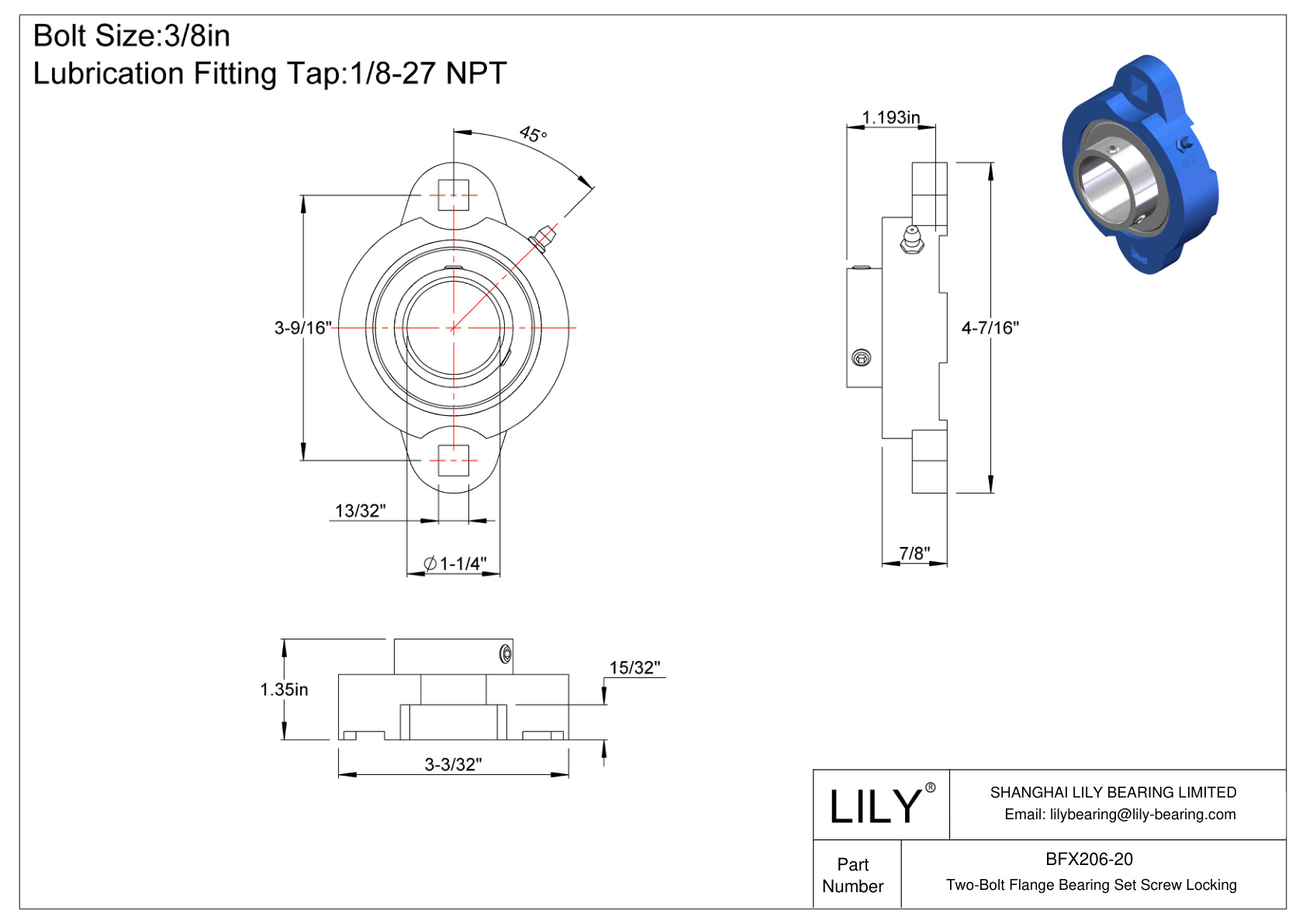 BFX206-20 Two-Bolt Flange Bearing Set Screw Locking cad drawing