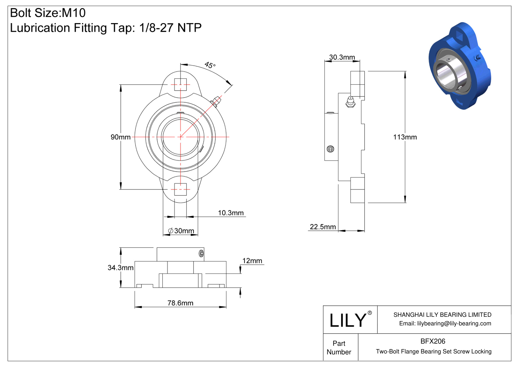 BFX206 Two-Bolt Flange Bearing Set Screw Locking cad drawing