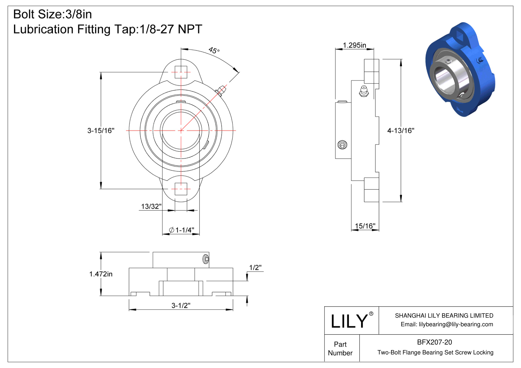 BFX207-20 Two-Bolt Flange Bearing Set Screw Locking cad drawing