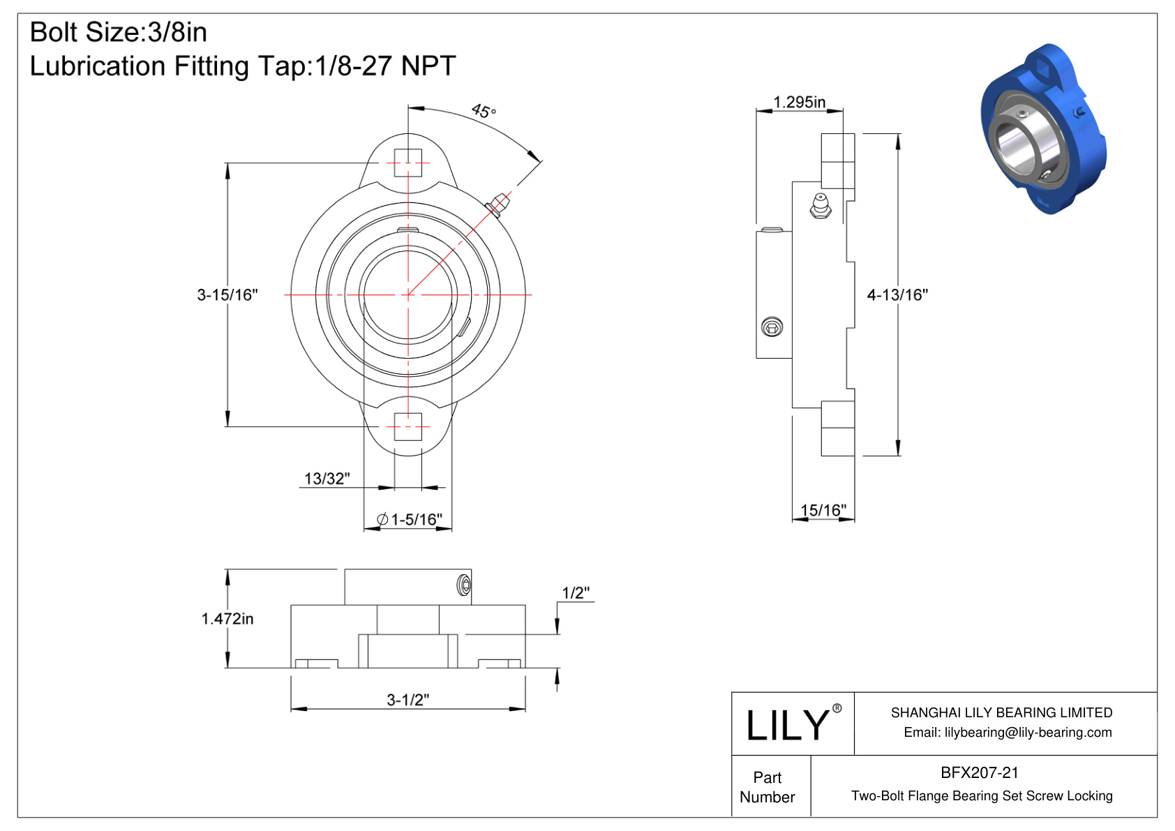 BFX207-21 Two-Bolt Flange Bearing Set Screw Locking cad drawing