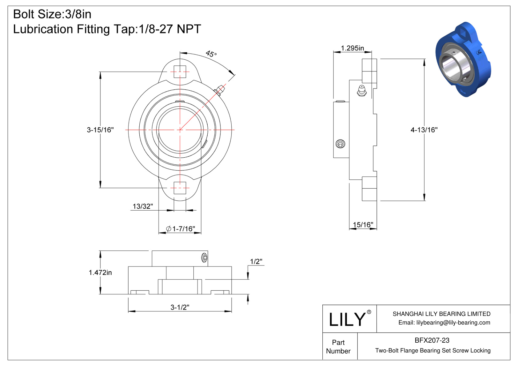 BFX207-23 Two-Bolt Flange Bearing Set Screw Locking cad drawing