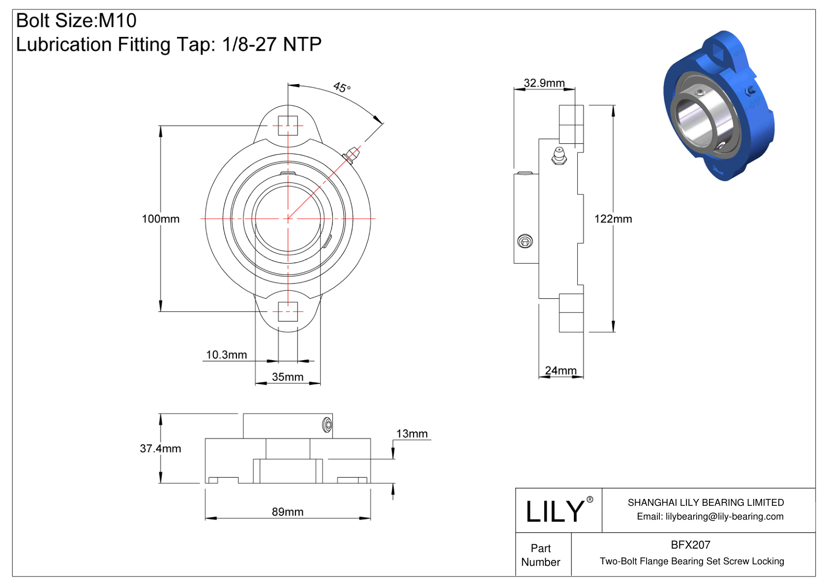 BFX207 Two-Bolt Flange Bearing Set Screw Locking cad drawing