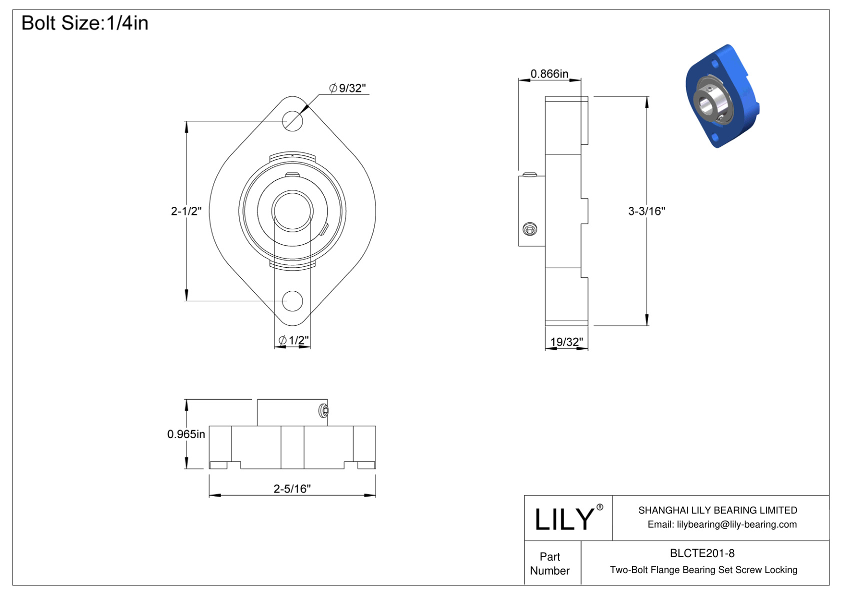 BLCTE201-8 Two-Bolt Flange Bearing Set Screw Locking cad drawing