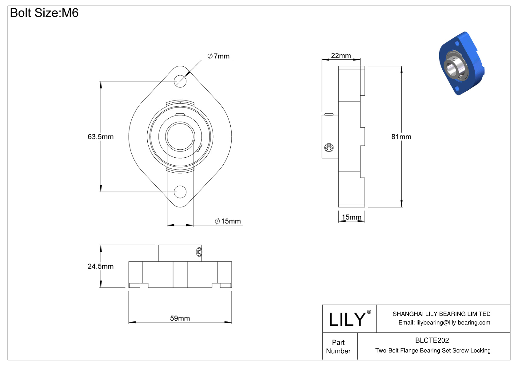 BLCTE202 Two-Bolt Flange Bearing Set Screw Locking cad drawing