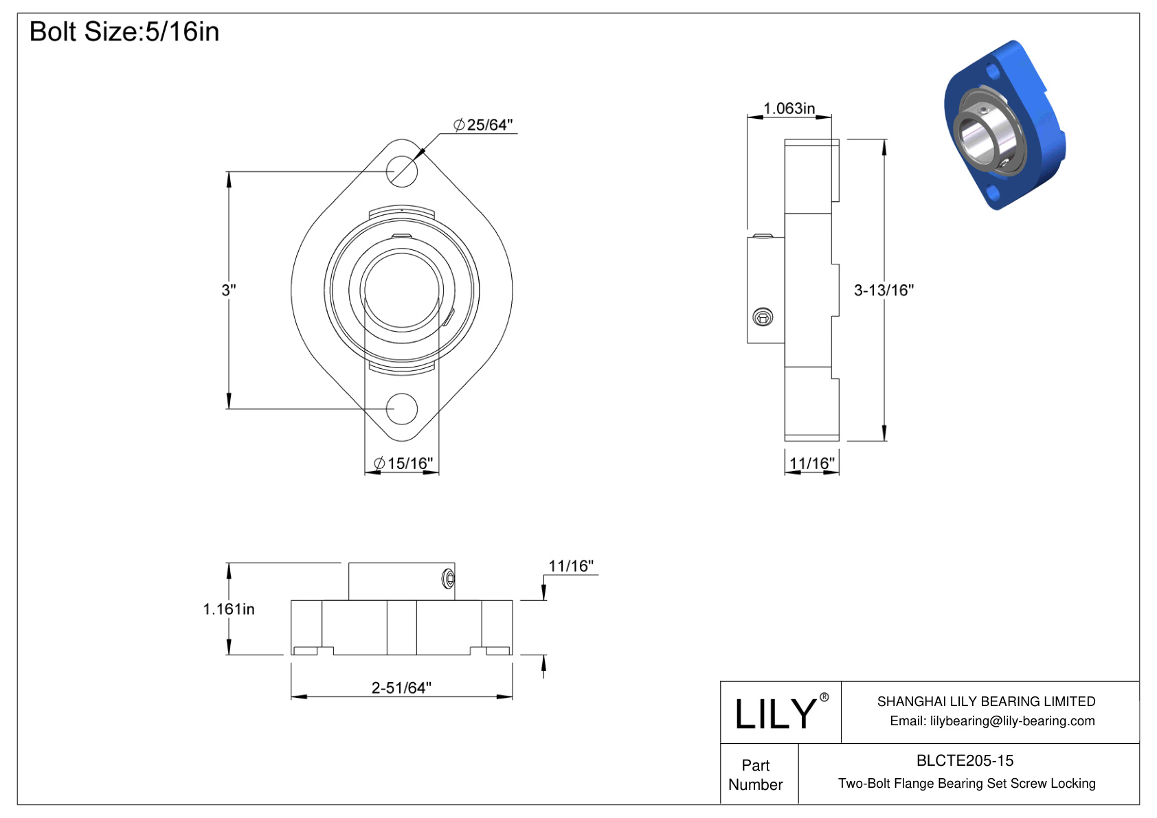 BLCTE205-15 Two-Bolt Flange Bearing Set Screw Locking cad drawing