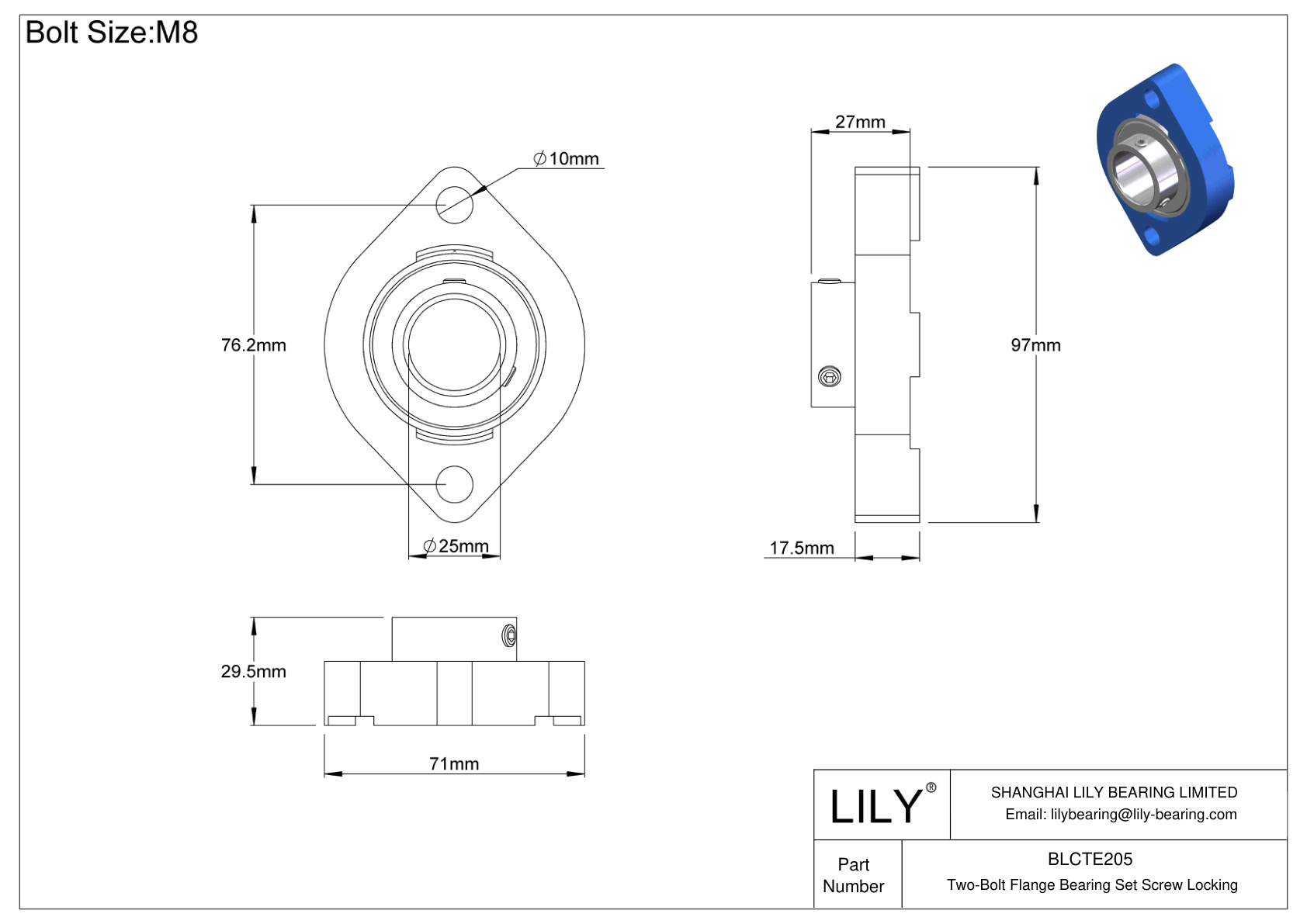 BLCTE205 Tornillo de fijación del cojinete de brida de dos pernos cad drawing