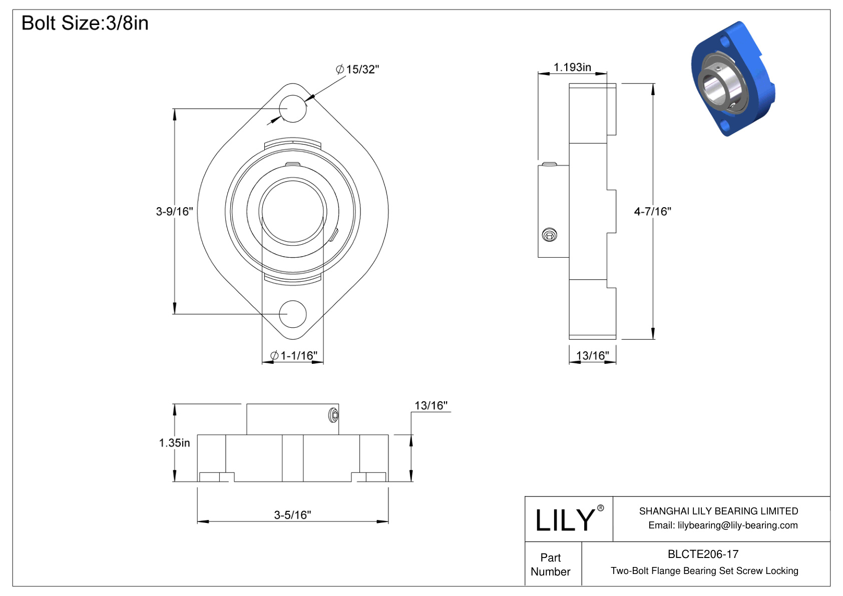 BLCTE206-17 Two-Bolt Flange Bearing Set Screw Locking cad drawing