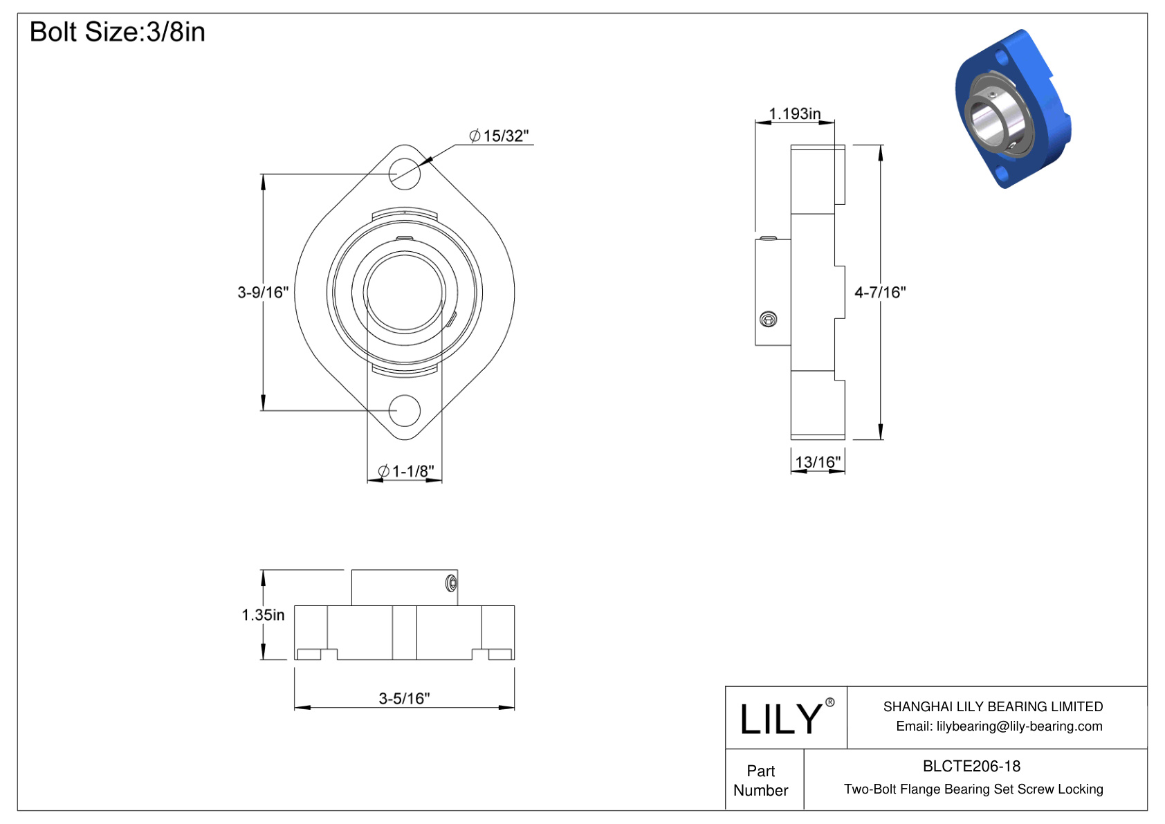 BLCTE206-18 Two-Bolt Flange Bearing Set Screw Locking cad drawing