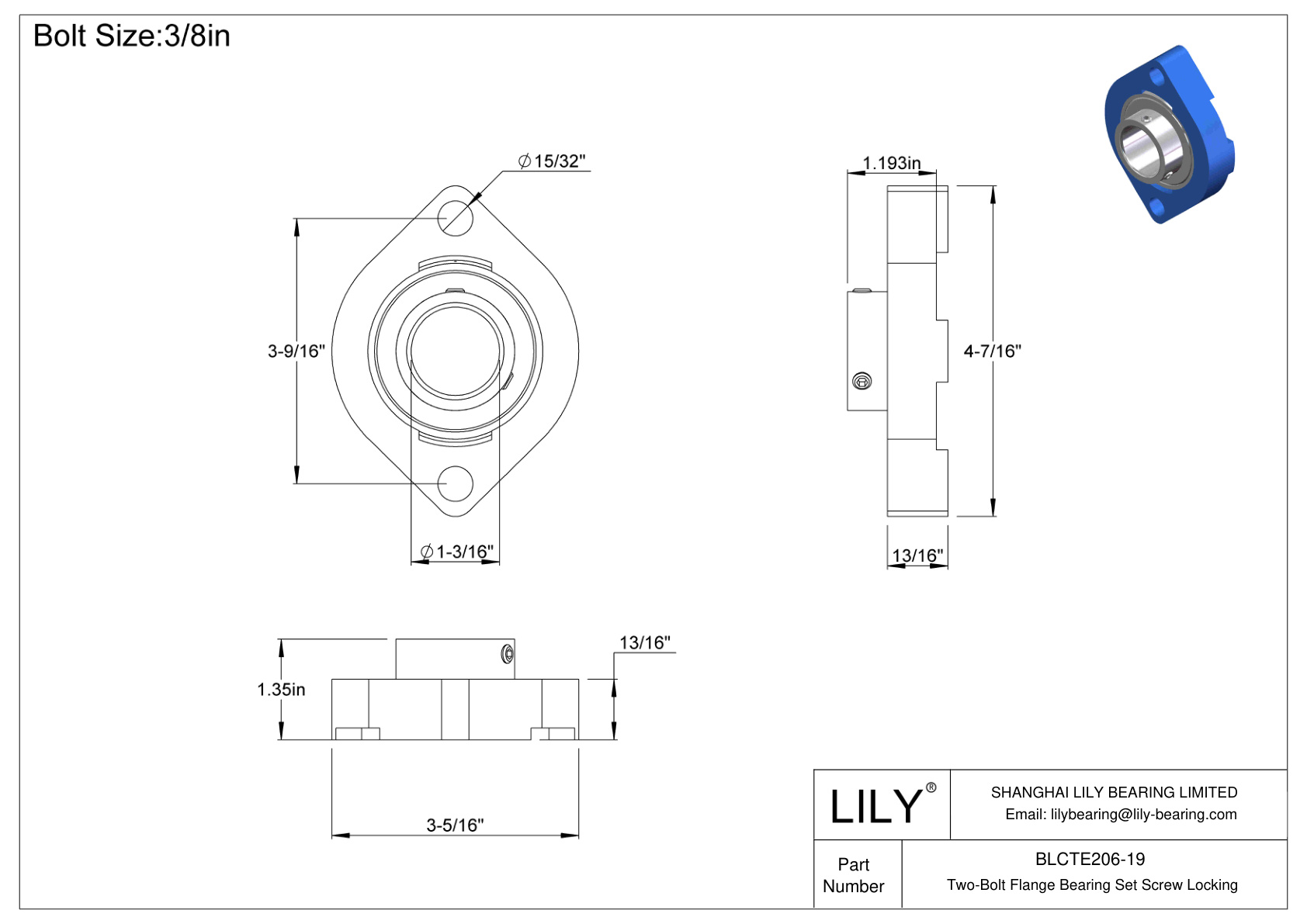 BLCTE206-19 Two-Bolt Flange Bearing Set Screw Locking cad drawing