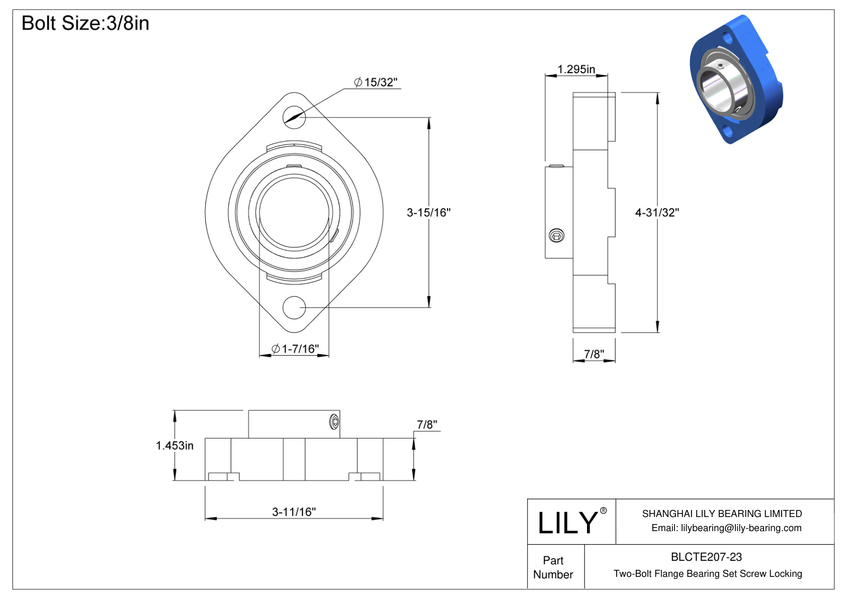 BLCTE207-23 Two-Bolt Flange Bearing Set Screw Locking cad drawing