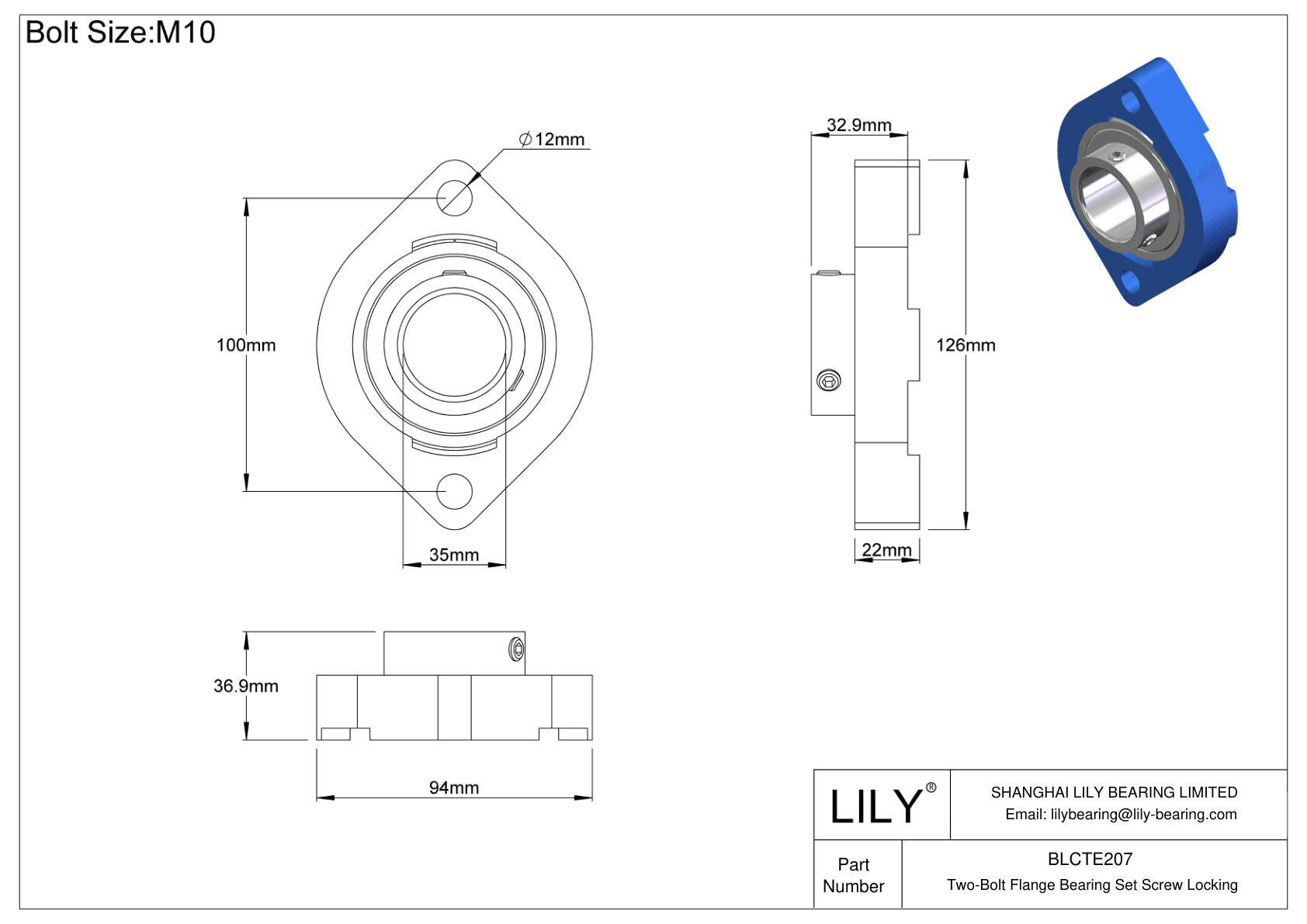 BLCTE207 Tornillo de fijación del cojinete de brida de dos pernos cad drawing