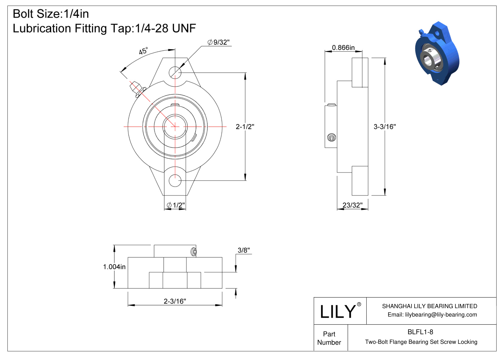 BLFL1-8 Two-Bolt Flange Bearing Set Screw Locking cad drawing