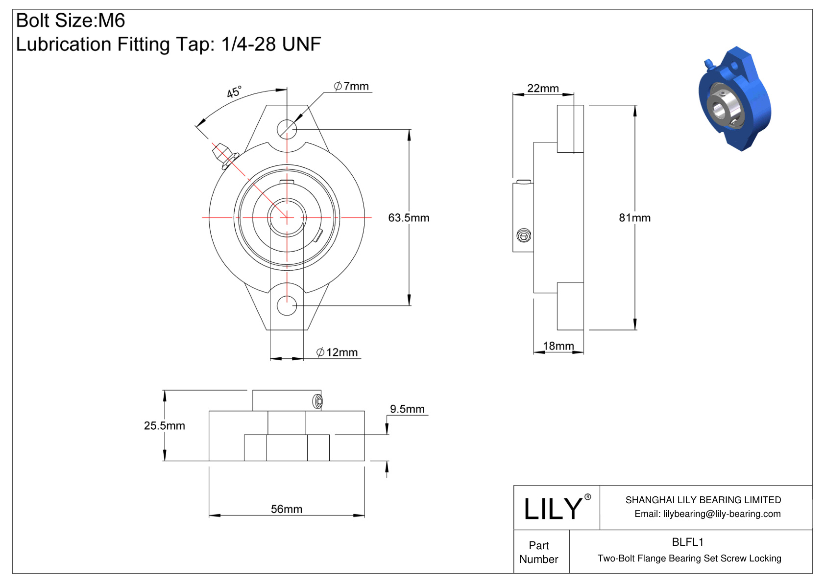 BLFL1 Two-Bolt Flange Bearing Set Screw Locking cad drawing