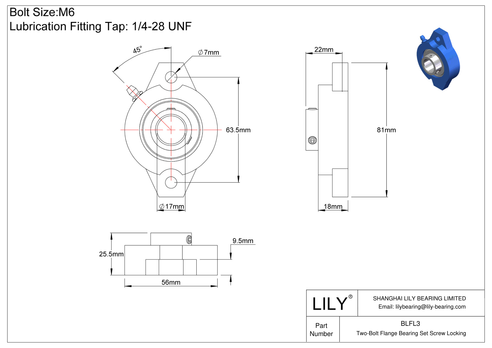 BLFL3 Two-Bolt Flange Bearing Set Screw Locking cad drawing