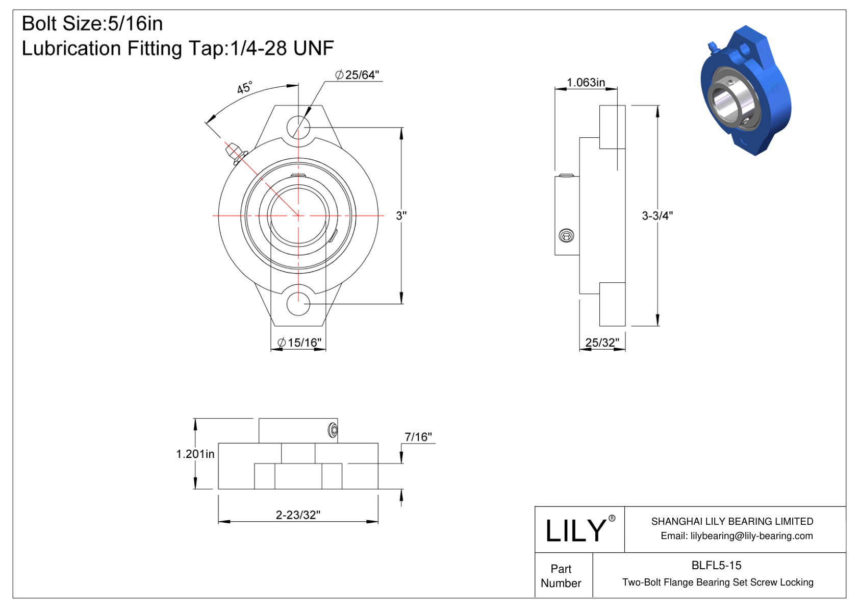 BLFL5-15 Two-Bolt Flange Bearing Set Screw Locking cad drawing