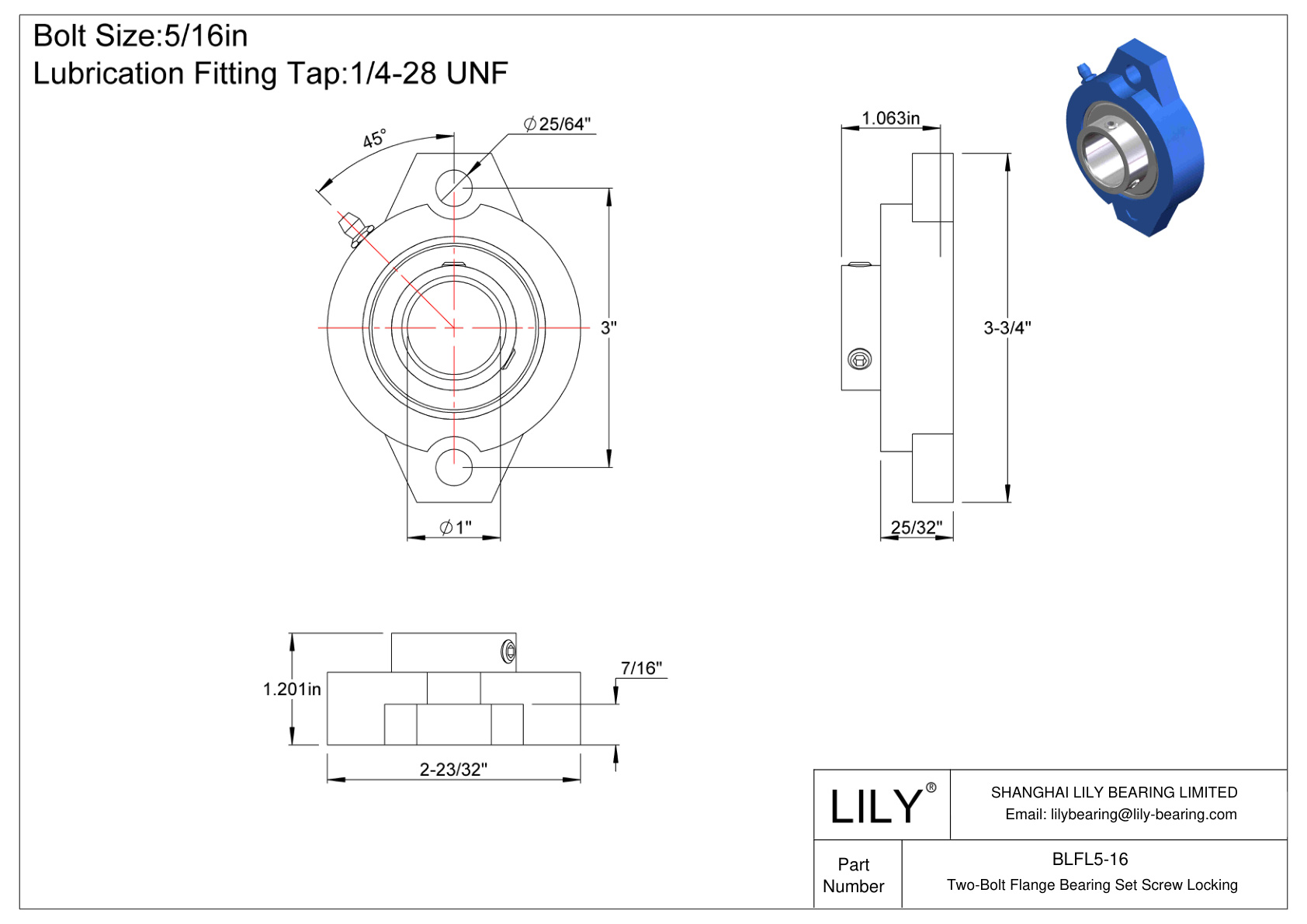 BLFL5-16 Two-Bolt Flange Bearing Set Screw Locking cad drawing