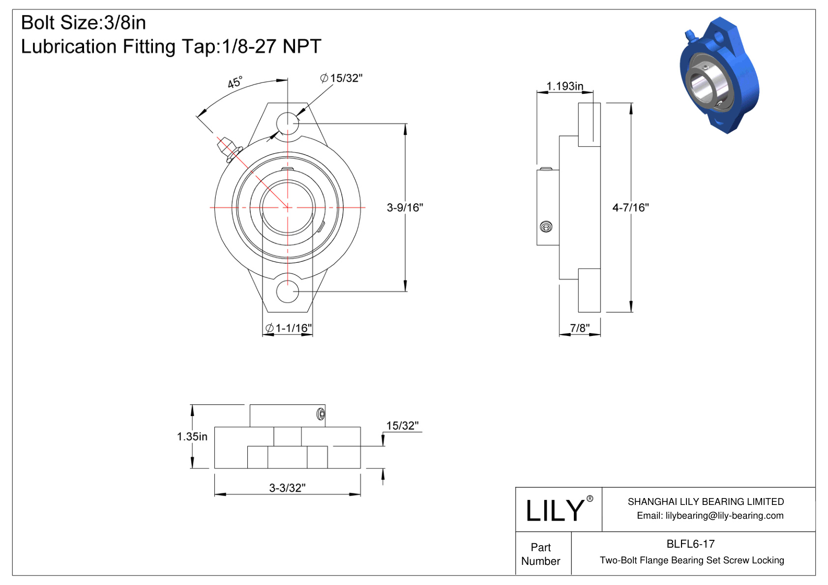 BLFL6-17 Two-Bolt Flange Bearing Set Screw Locking cad drawing