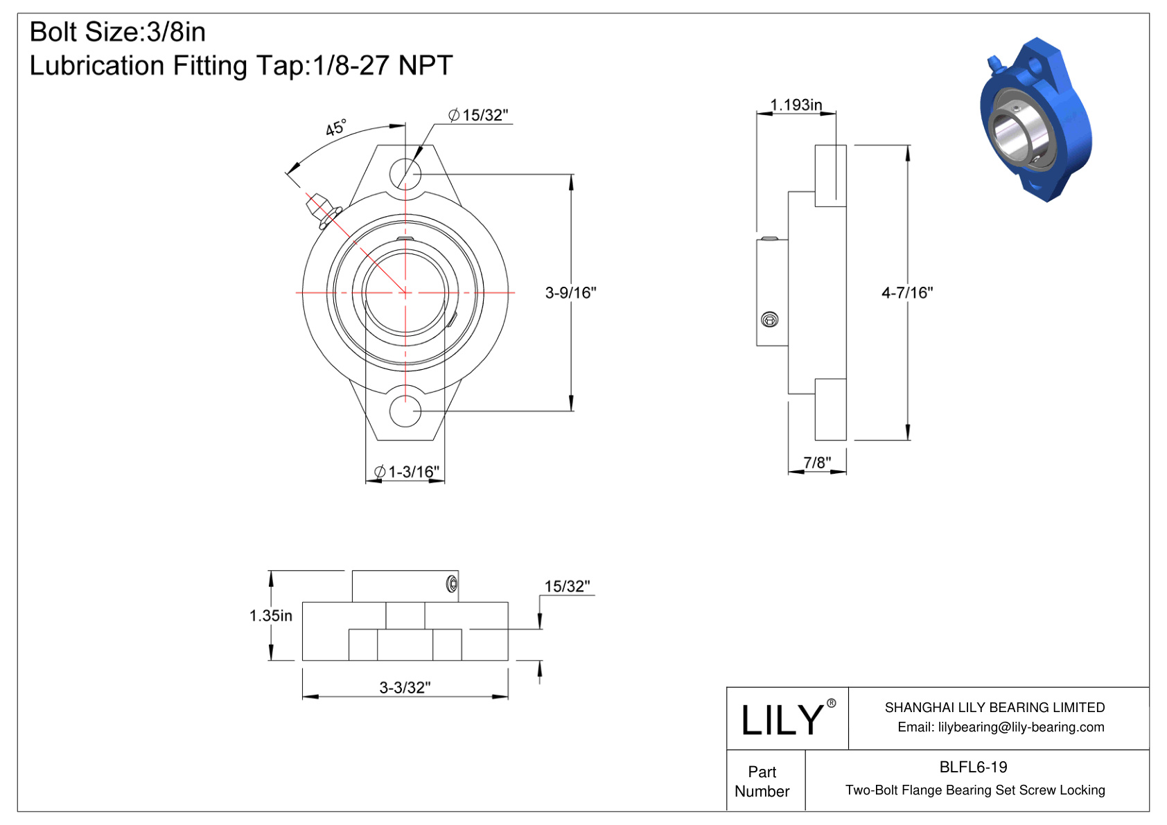 BLFL6-19 Two-Bolt Flange Bearing Set Screw Locking cad drawing