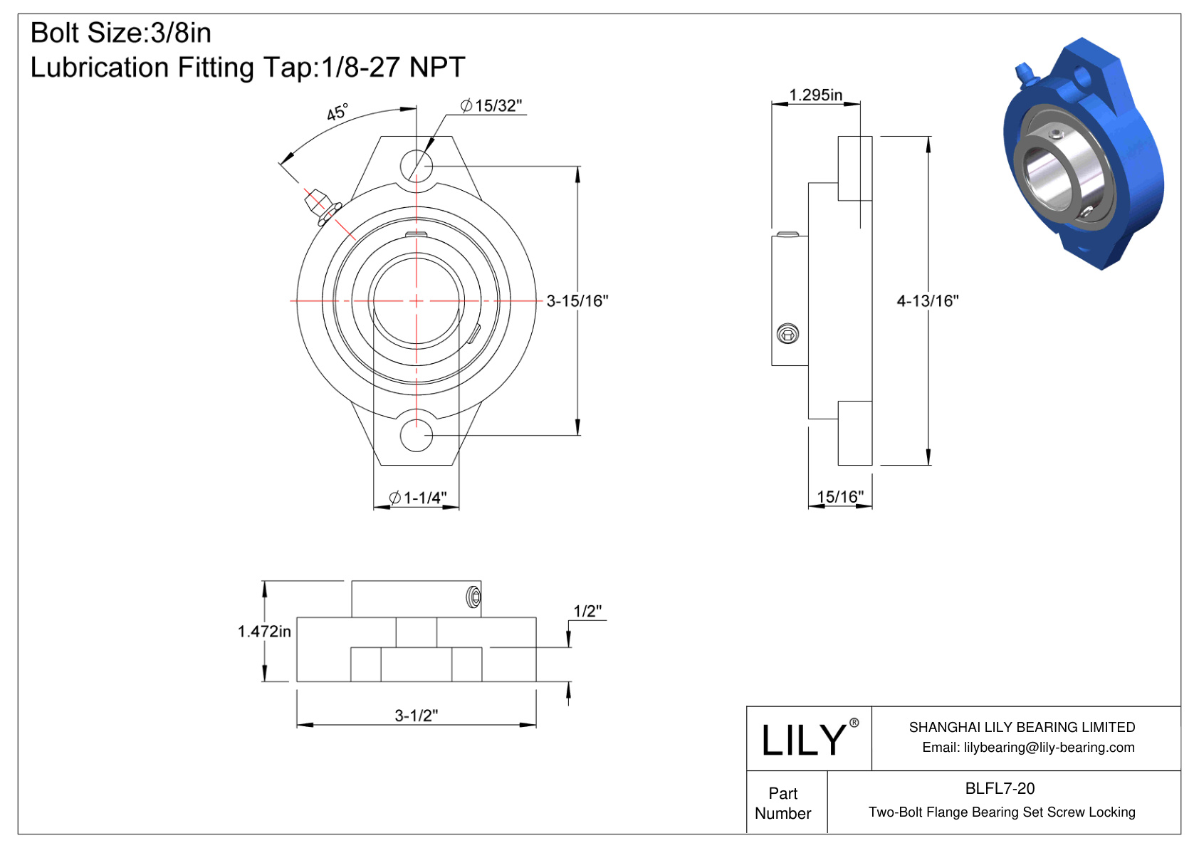 BLFL7-20 Tornillo de fijación del cojinete de brida de dos pernos cad drawing