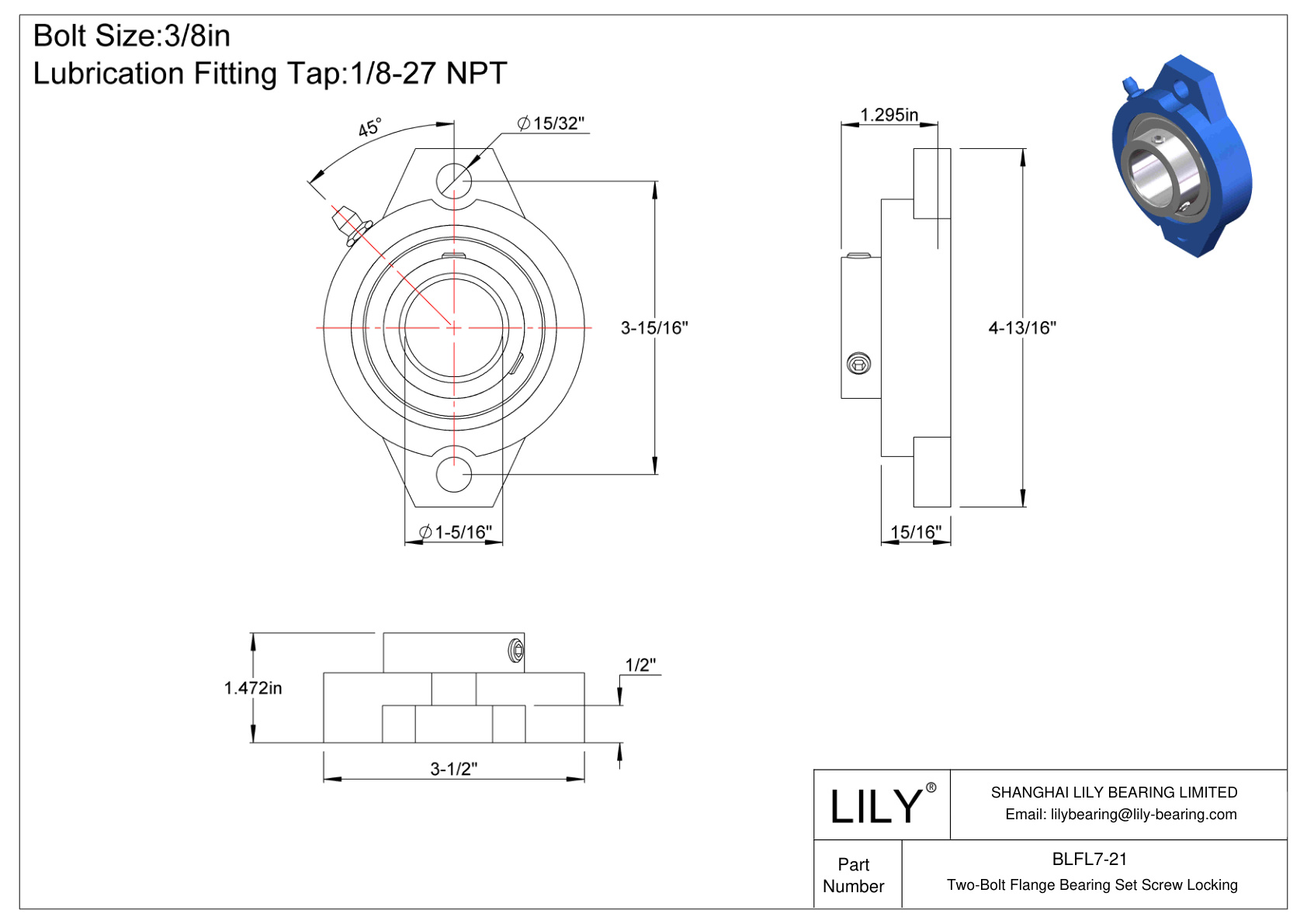 BLFL7-21 Two-Bolt Flange Bearing Set Screw Locking cad drawing