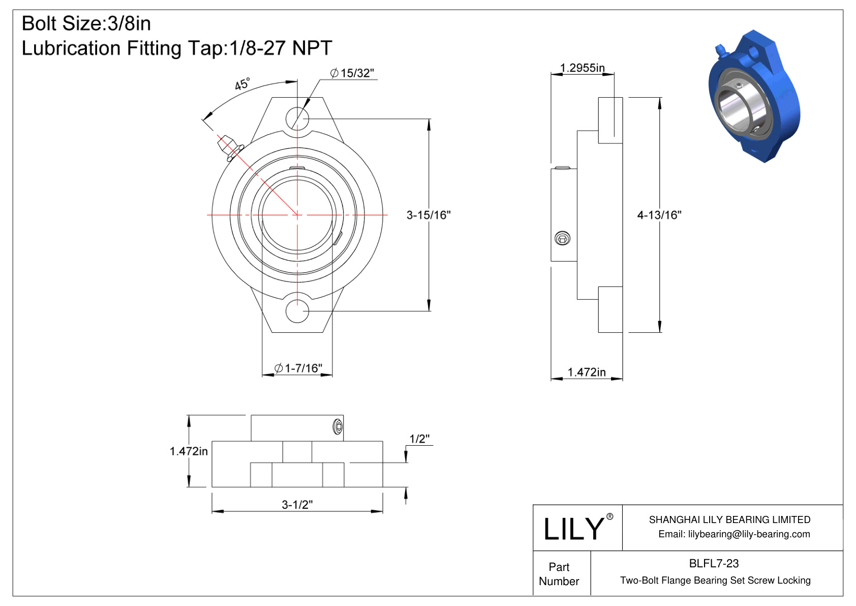 BLFL7-23 Two-Bolt Flange Bearing Set Screw Locking cad drawing