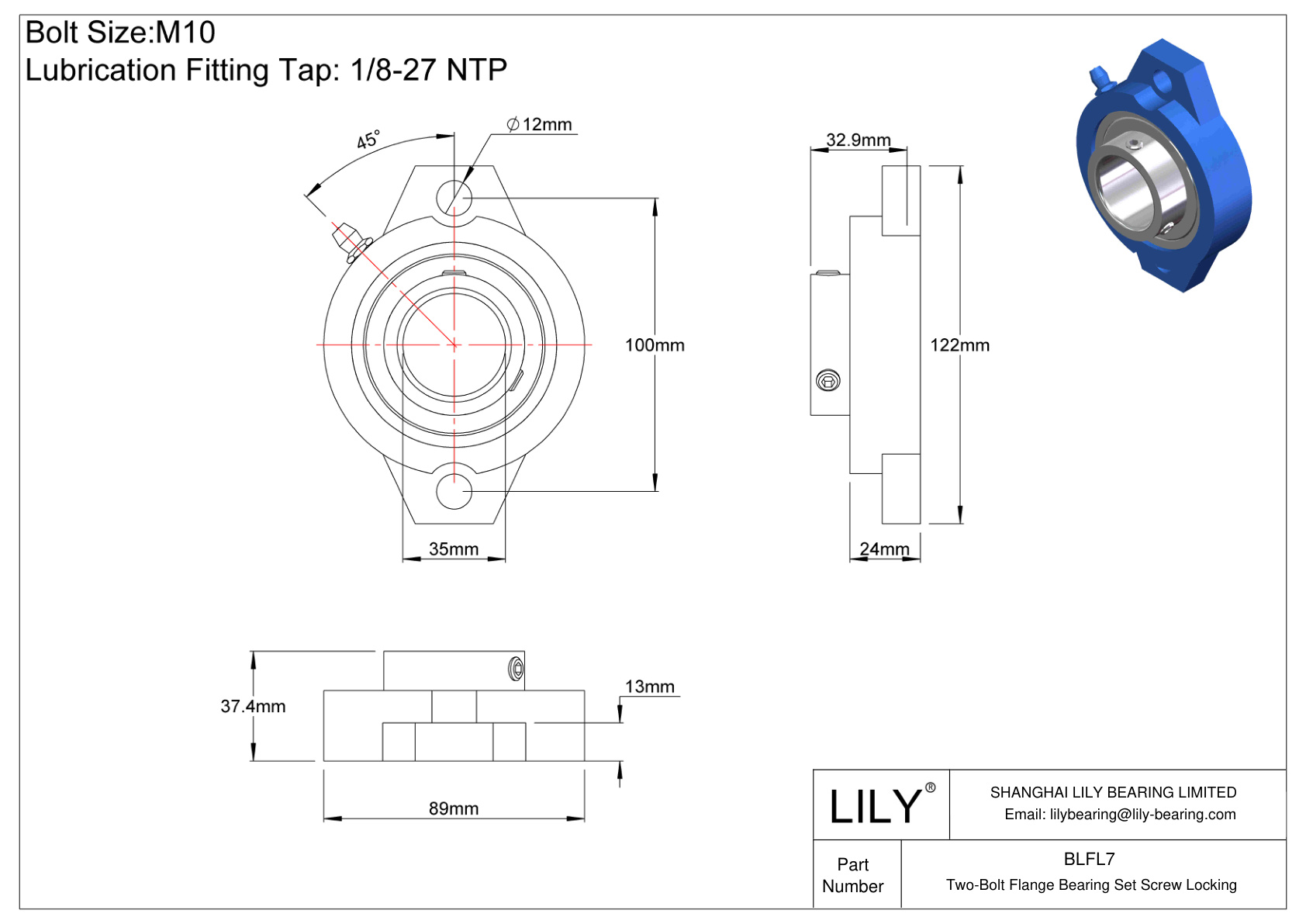 BLFL7 Two-Bolt Flange Bearing Set Screw Locking cad drawing