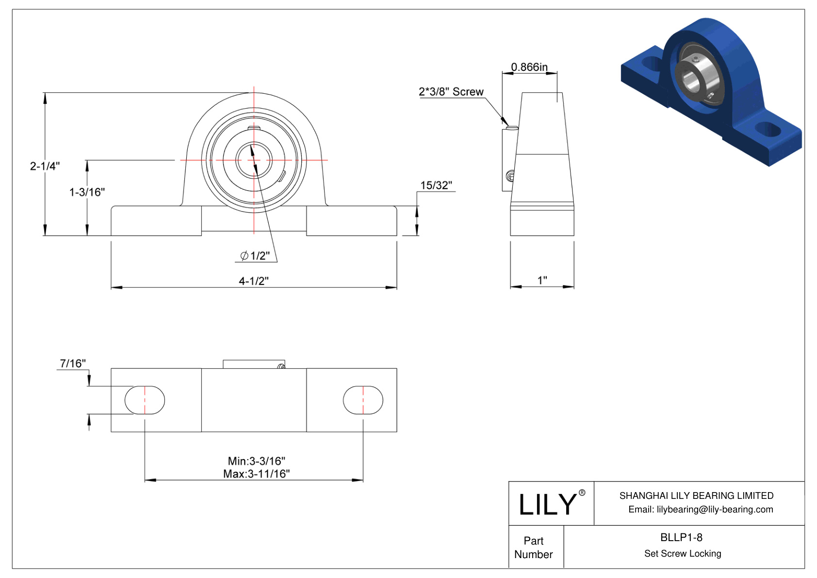 BLLP1-8 Pillow Block Bearing Set Screw Locking cad drawing