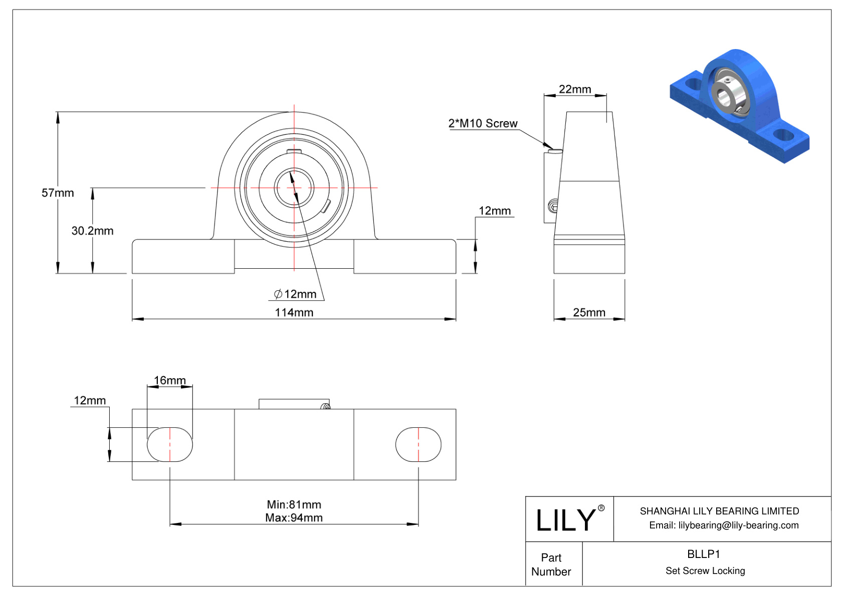 BLLP1 Pillow Block Bearing Set Screw Locking cad drawing