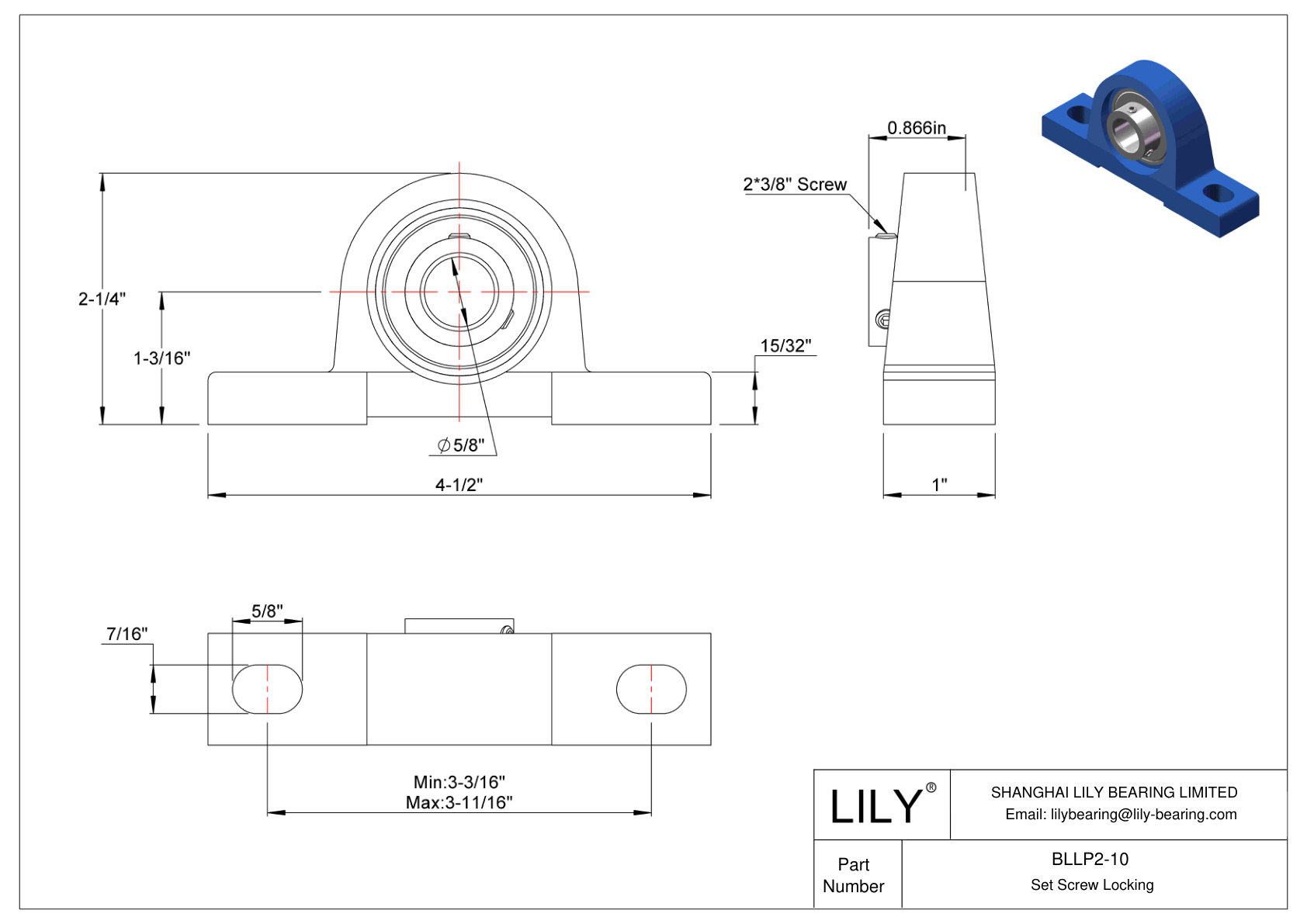 BLLP2-10 Tornillo de fijación de rodamientos Pillow Block cad drawing