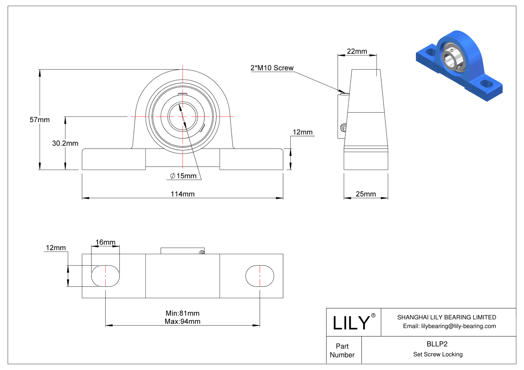 BLLP2 Pillow Block Bearing Set Screw Locking cad drawing