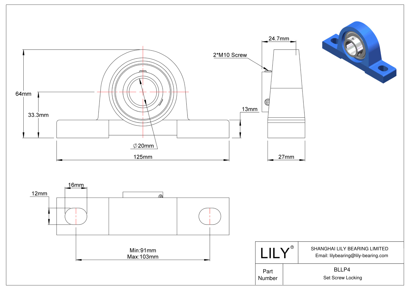 BLLP4 Pillow Block Bearing Set Screw Locking cad drawing