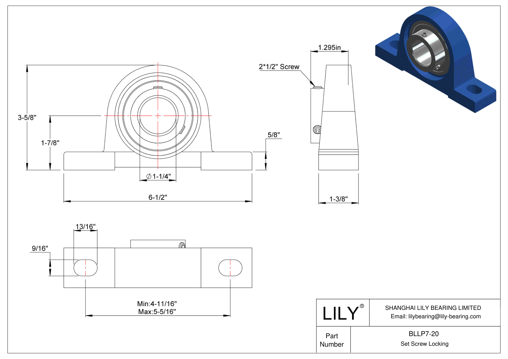 BLLP7-20 Pillow Block Bearing Set Screw Locking cad drawing