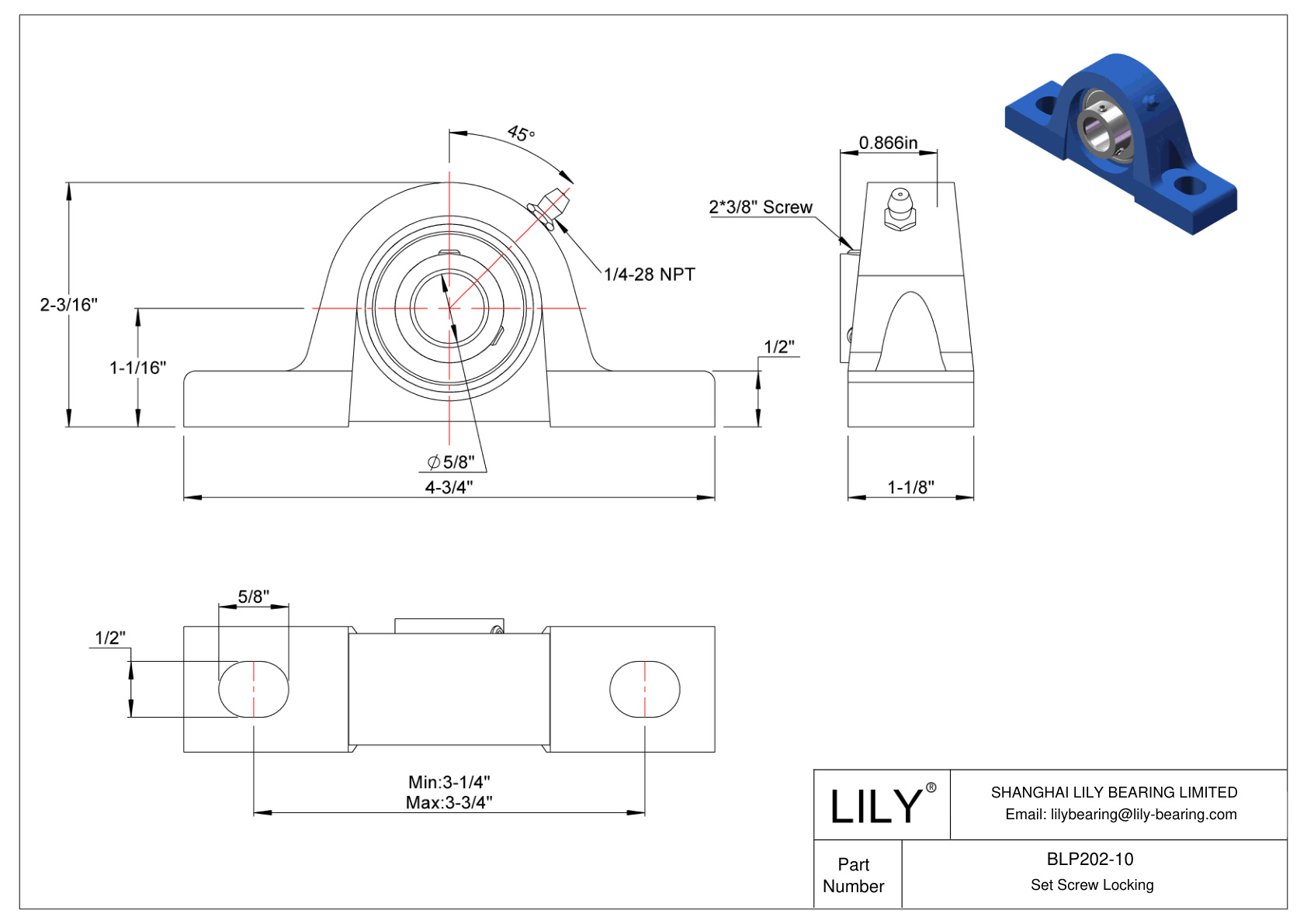 BLP202-10 Tornillo de fijación de rodamientos Pillow Block cad drawing