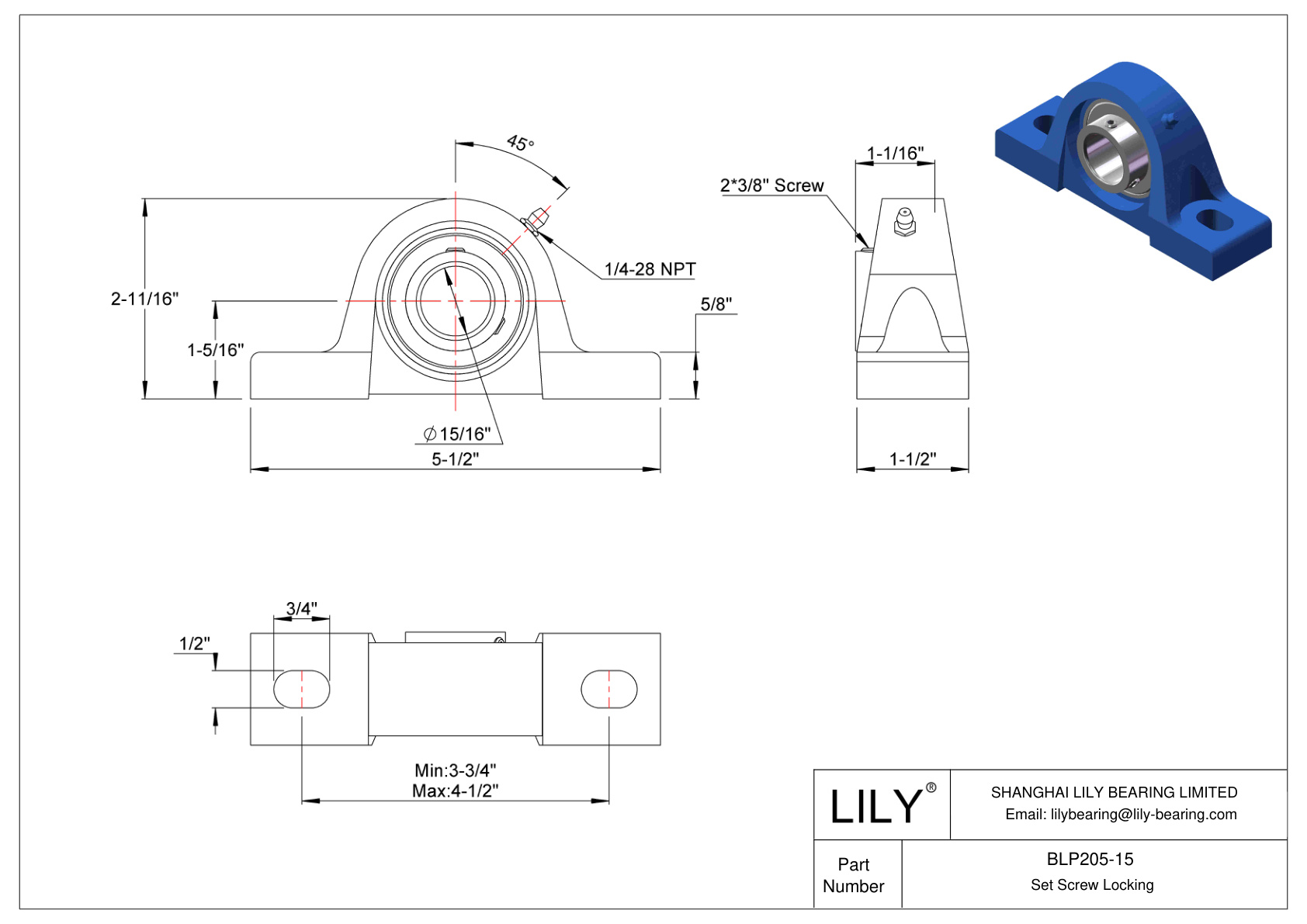 BLP205-15 Tornillo de fijación de rodamientos Pillow Block cad drawing