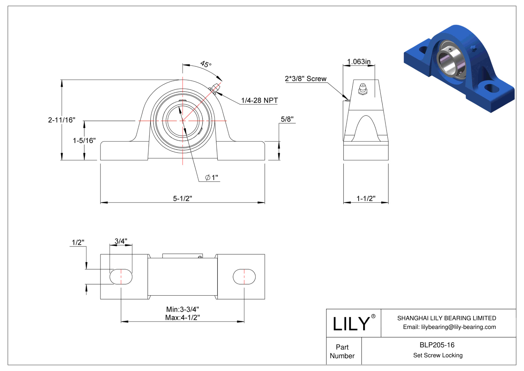 BLP205-16 Tornillo de fijación de rodamientos Pillow Block cad drawing