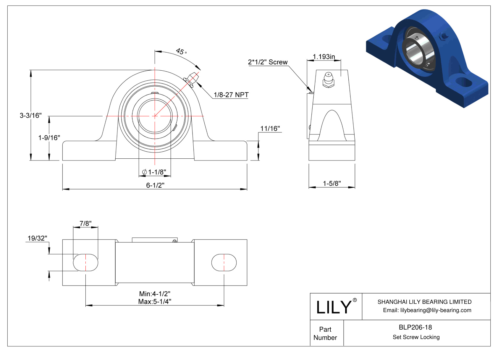 BLP206-18 Tornillo de fijación de rodamientos Pillow Block cad drawing