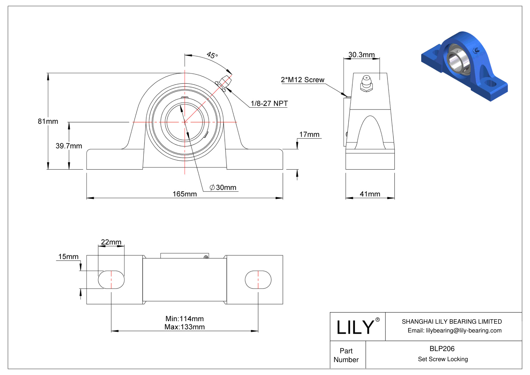 BLP206 Pillow Block Bearing Set Screw Locking cad drawing