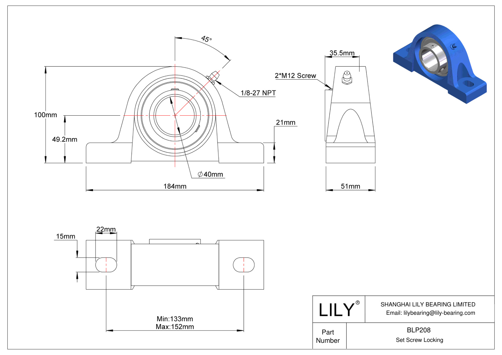 BLP208 Tornillo de fijación de rodamientos Pillow Block cad drawing