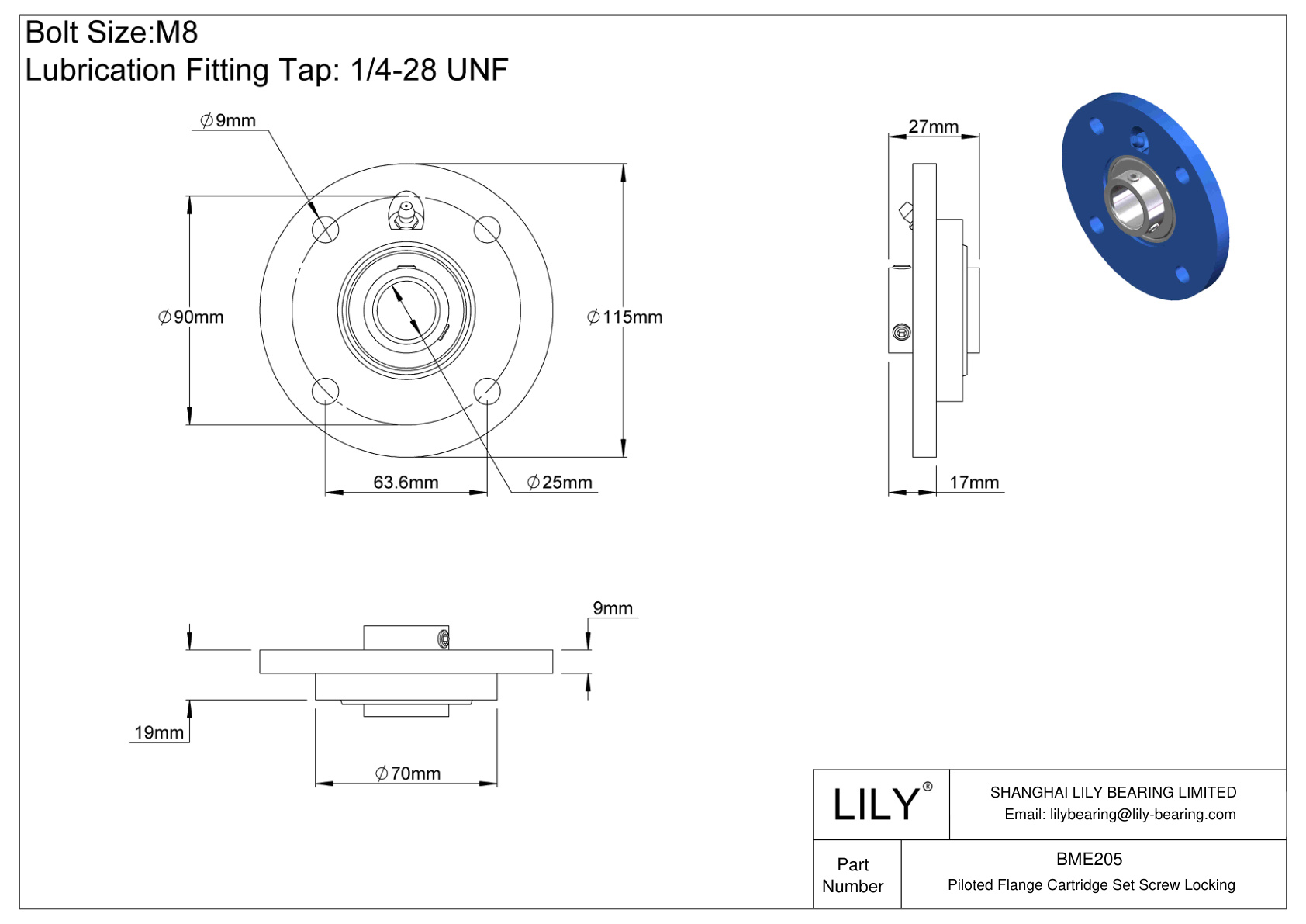 BME205 Piloted Flange Cartridge Set Screw Locking cad drawing