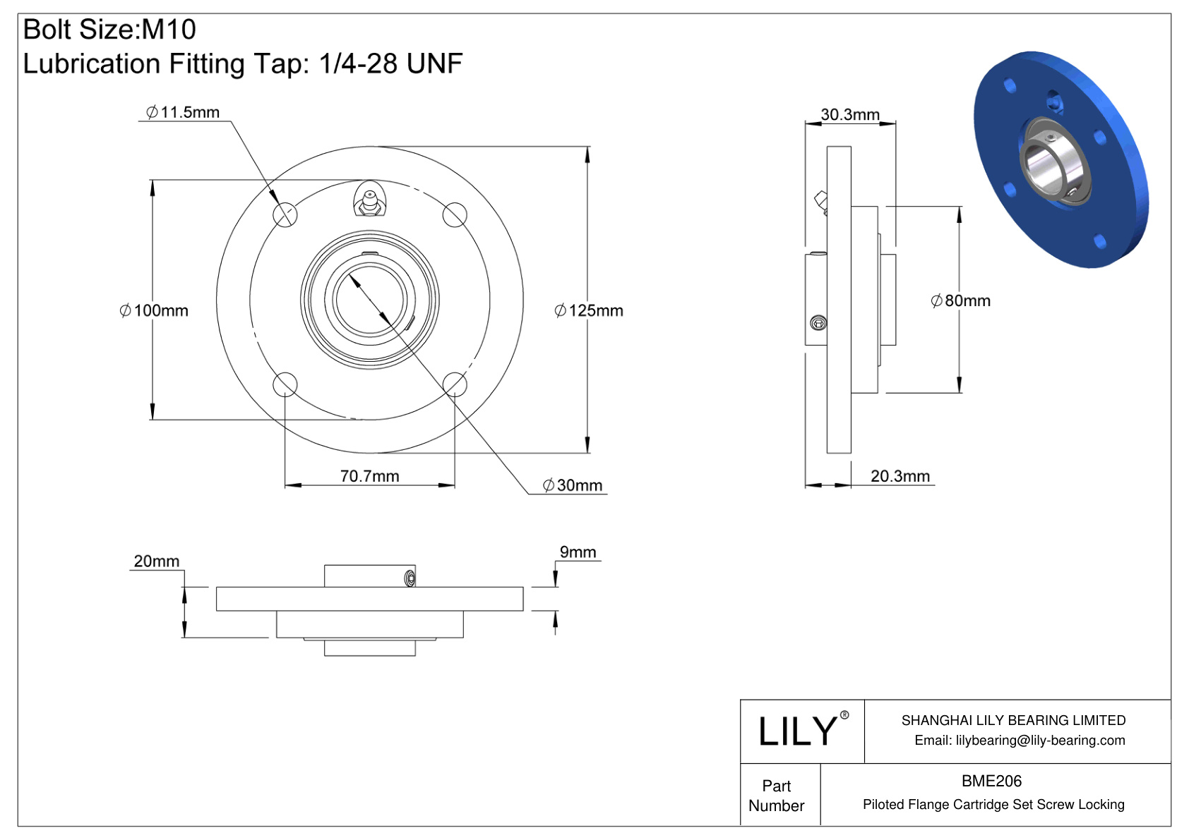 BME206 Piloted Flange Cartridge Set Screw Locking cad drawing