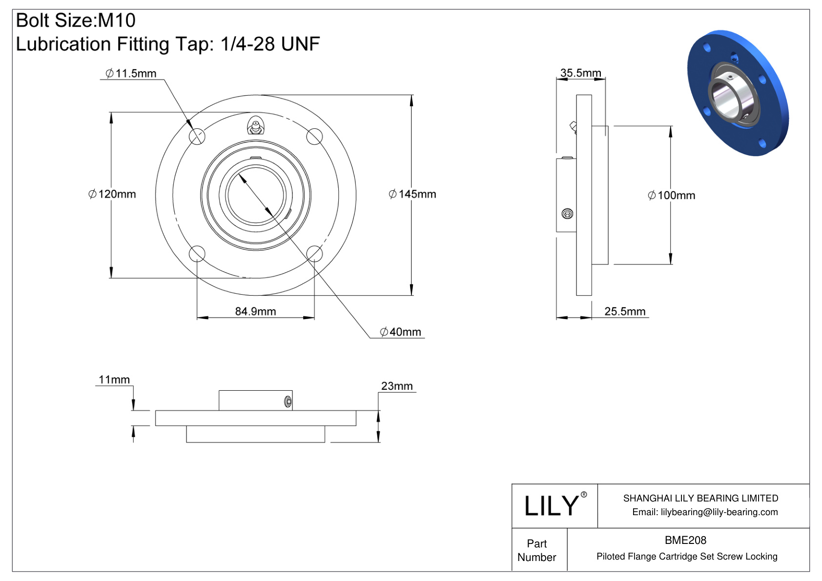 BME208 Piloted Flange Cartridge Set Screw Locking cad drawing