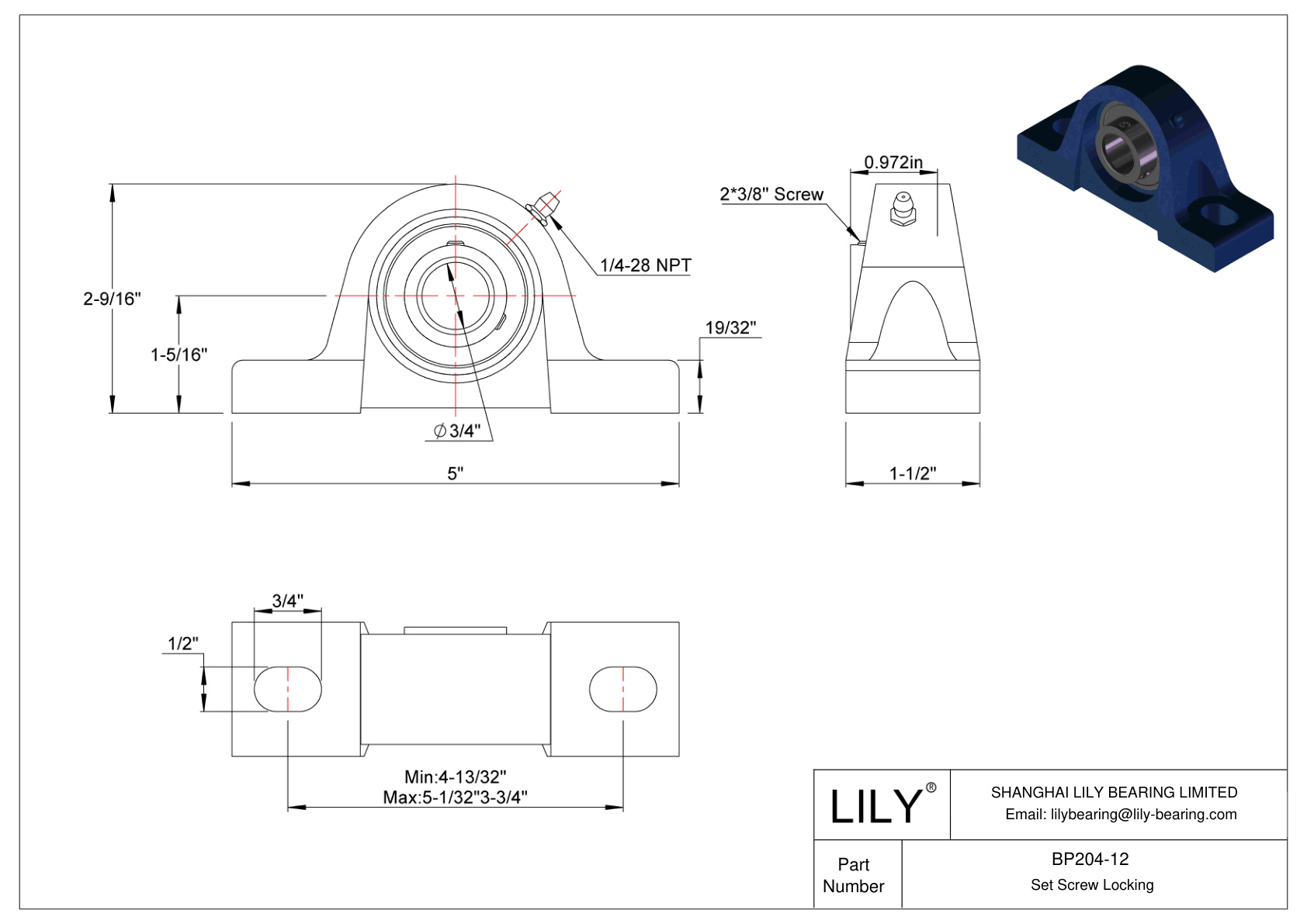 BP204-12 Tornillo de fijación de rodamientos Pillow Block cad drawing