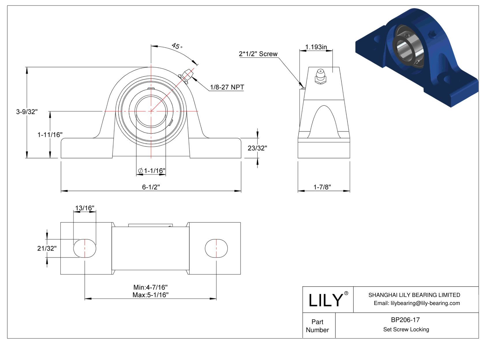 BP206-17 Pillow Block Bearing Set Screw Locking cad drawing