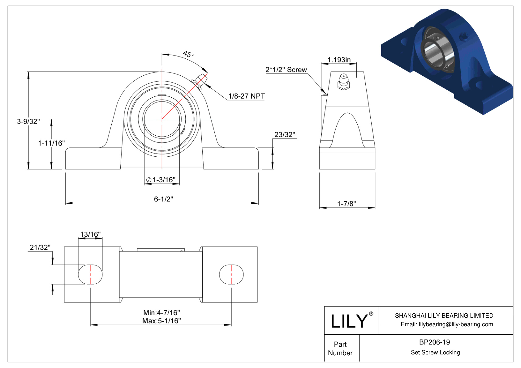 BP206-19 Tornillo de fijación de rodamientos Pillow Block cad drawing